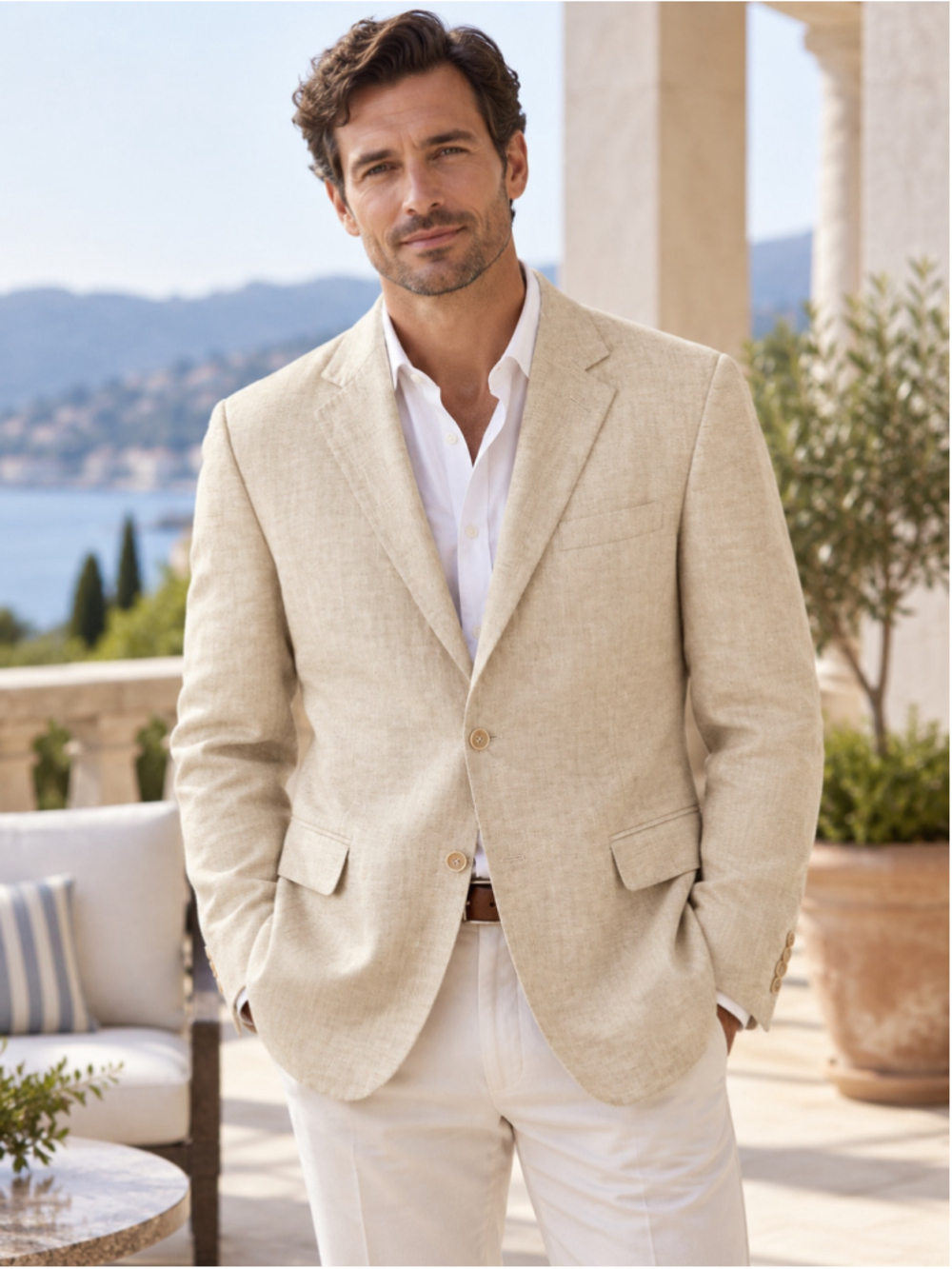 Haspel Blazer Men 42R 100% Linen Herringbone Resort Old Money Ivy League Beige